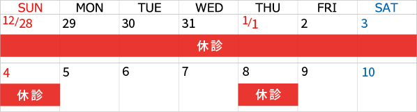 年末年始の休診日カレンダー 2025年12月29日(月)~2026年1月4日(日)休診